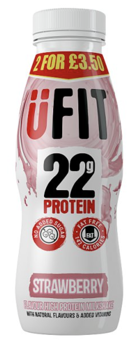 Case of x 12 UFit Strawberry Flavour High Protein Milkshake 310ml